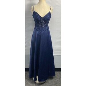 Prom Elegant Dress With Embellished Embroidered Lace Satin Navy Blue Adjustable